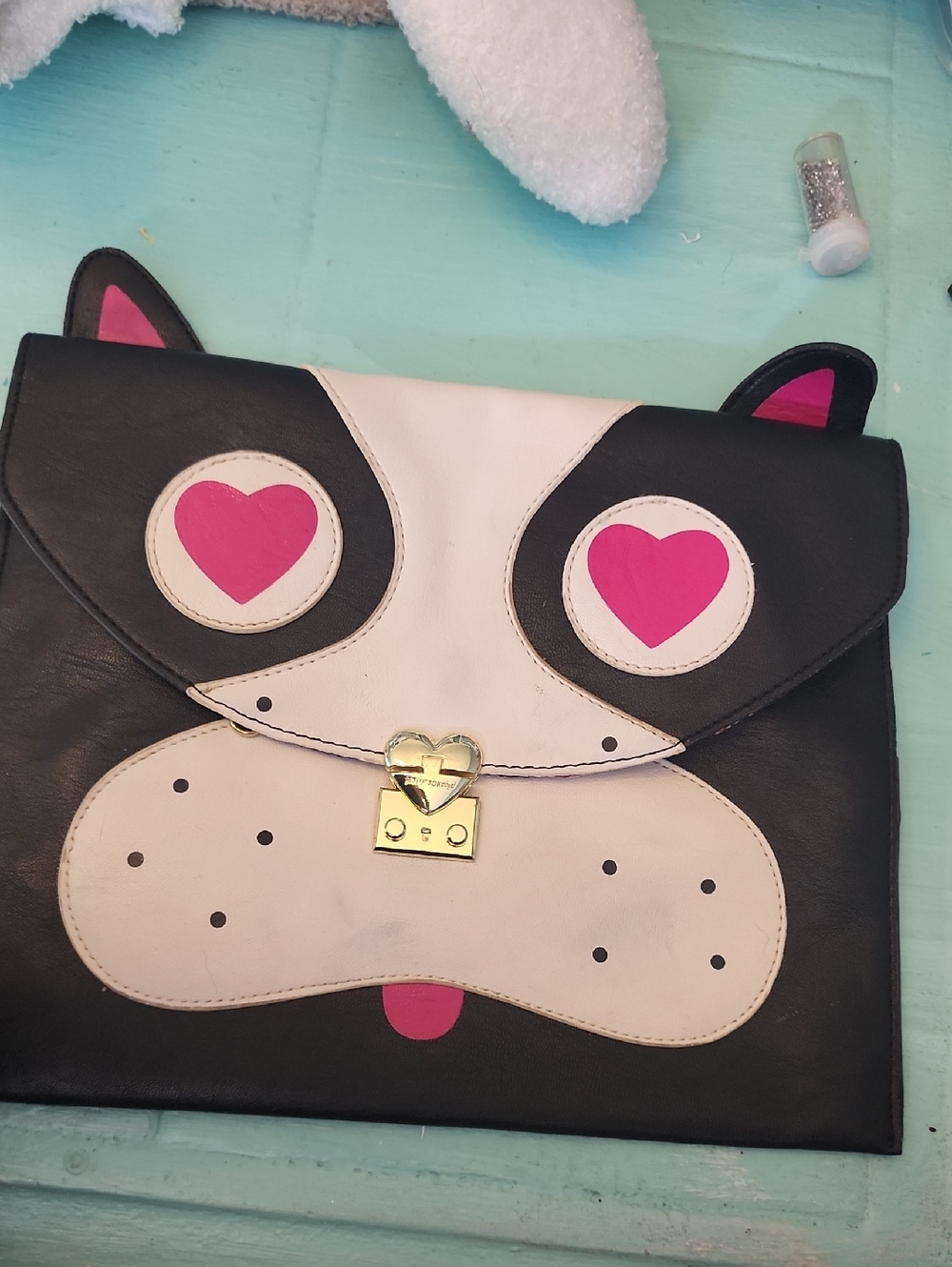 Betsey Johnson Black White Pink Novelty Animal Face Clutch